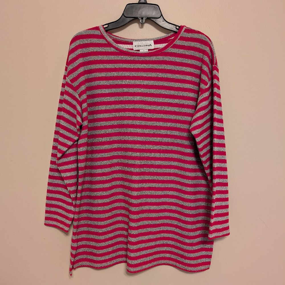 VINTAGE 1990s Cristina gray and red striped sweater Small EUC lightweight
